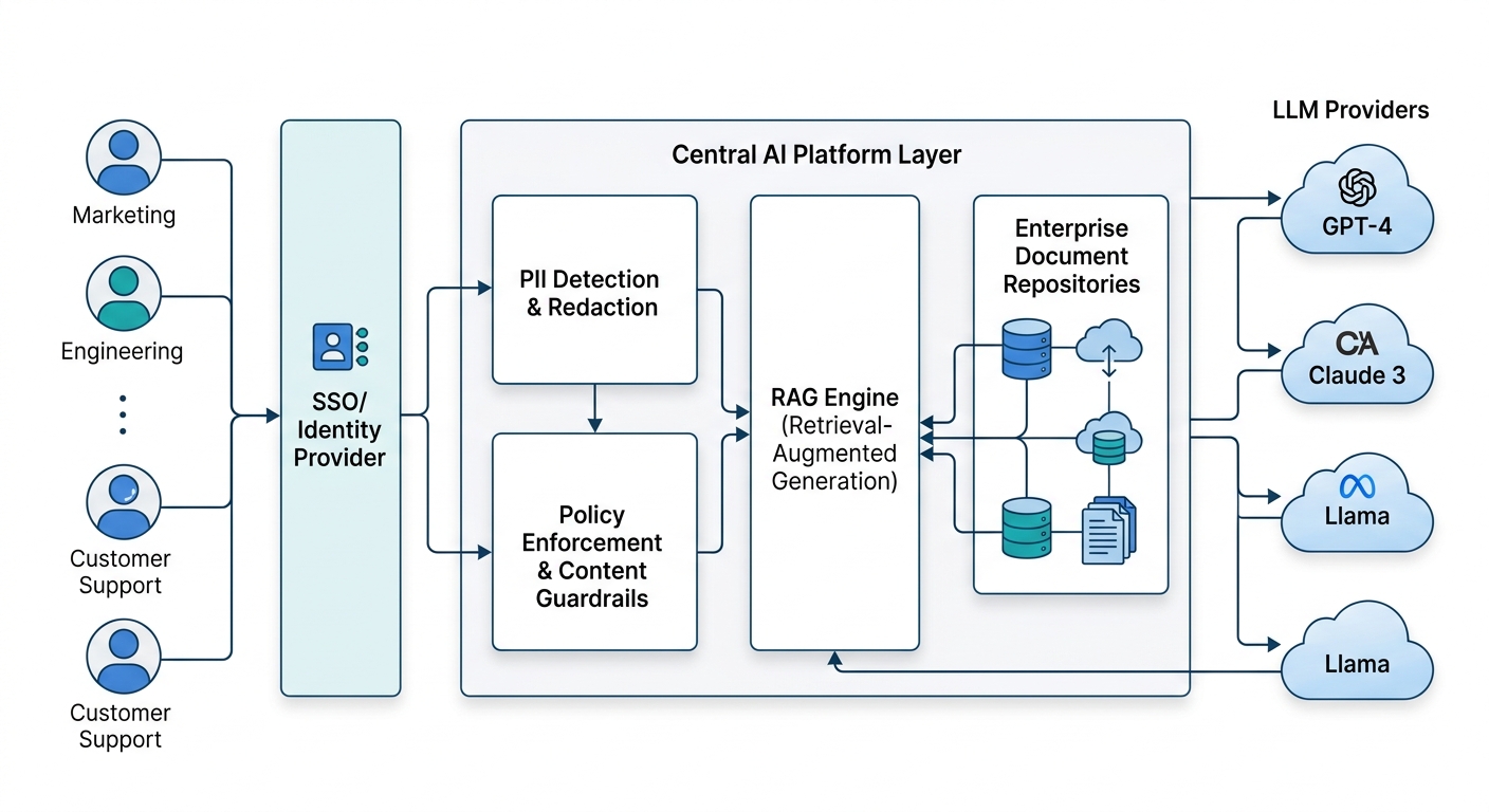 A technical diagram showing users accessing a central AI platform layer via SSO/Identity Provider. The platform layer sits between users and multiple LLM providers, illustrating internal components for PII detection, policy enforcement guardrails, and a RAG engine connecting to enterprise document repositories.