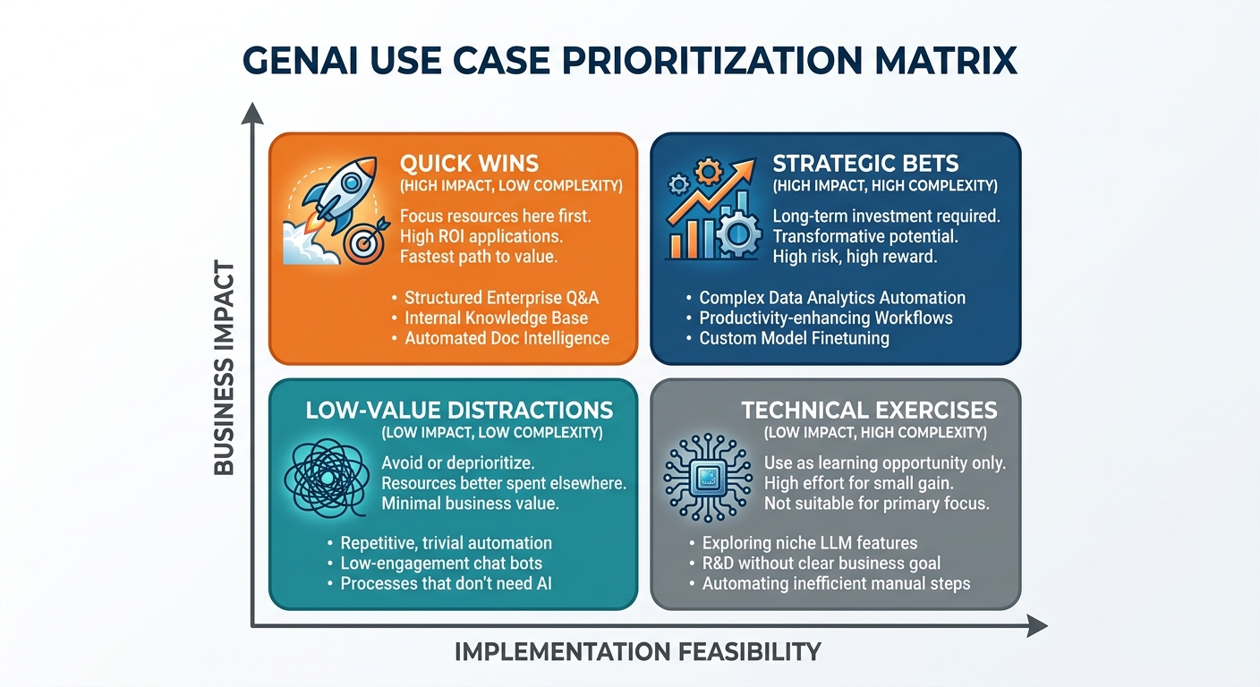A 2x2 matrix plotting use cases on axes of 'Business Impact' and 'Implementation Feasibility' to identify high-ROI 'Quick Wins' versus low-value distractions.